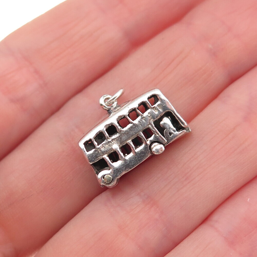 925 Sterling Silver Vintage London Double Decker Bus 3D Mini Open Cham Pendant